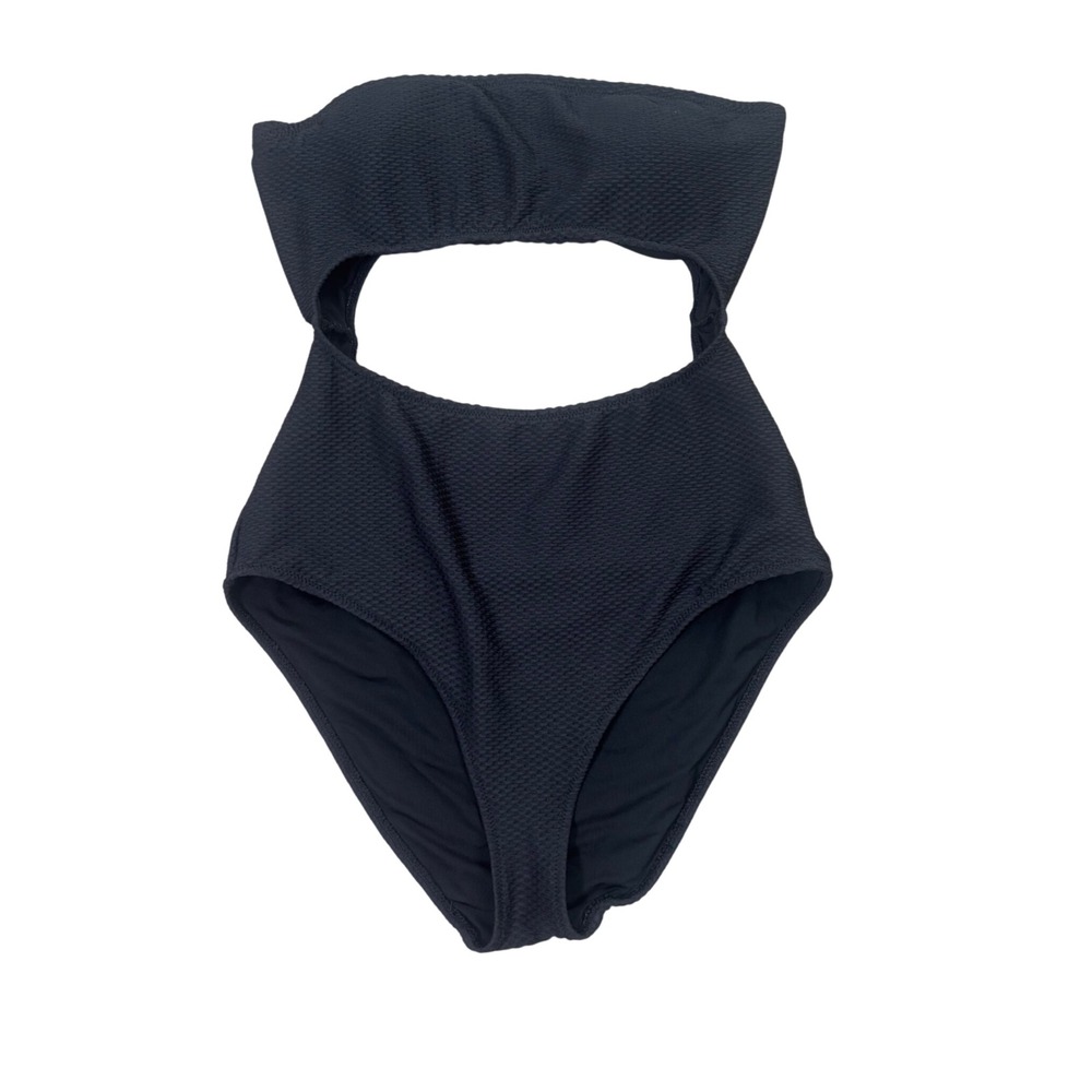 Aerie Womens Swimsuit Sz L Black‎ Textured Strapless Cutout One Piece
